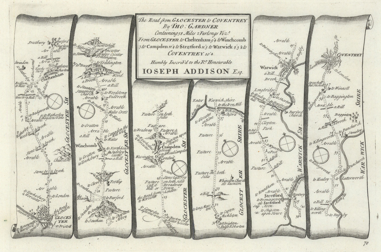 Gloucester-Cheltenham-Stratford-Warwick-Coventry. GARDNER road map #70 1719